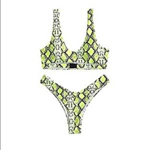 TWO Piece Animal Print Neon Green Bikini Swimsuit, Small